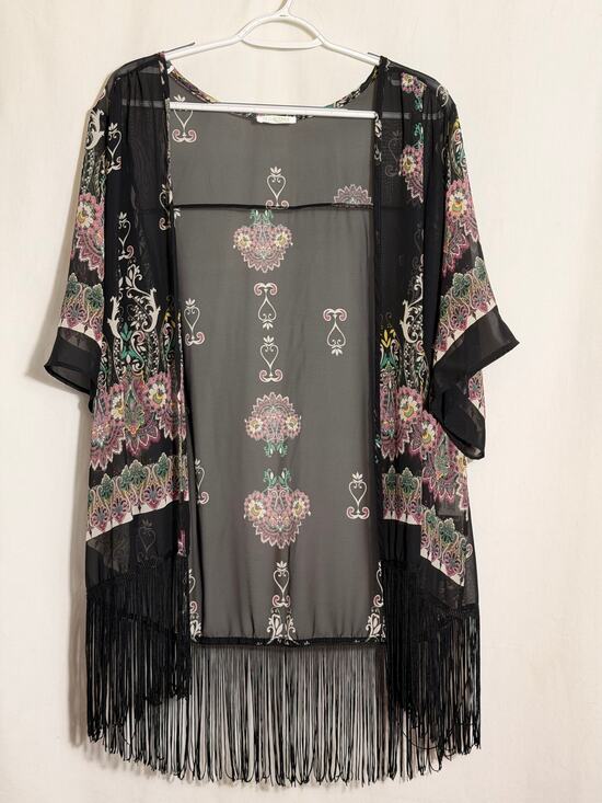 Olive Tree Sweaters - Olive Tree Fringe Kimono Cardigan Large Sheer Boho Paisley Duster